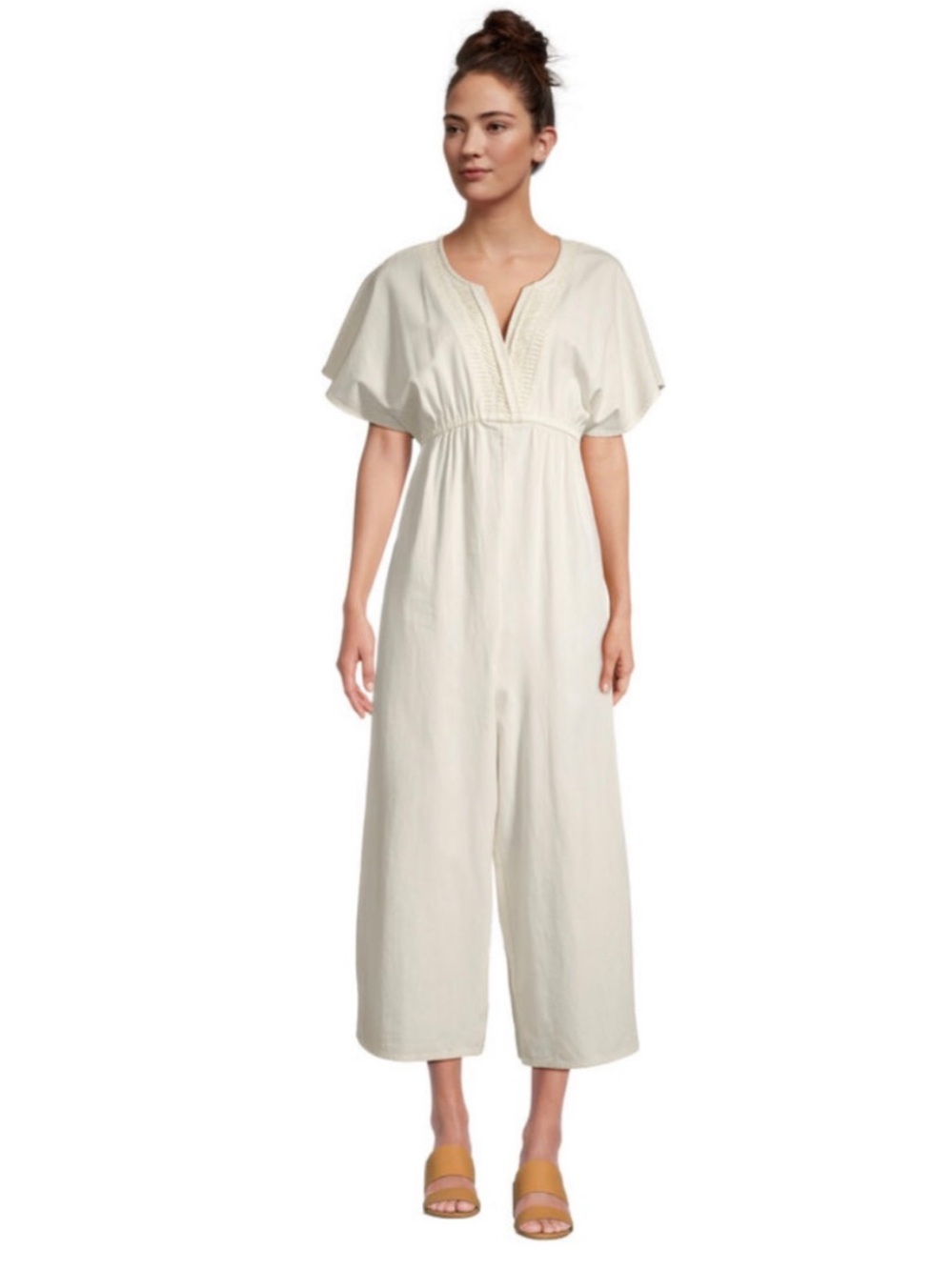 VINTAGE Wide-Leg Jumpsuit Embroidered V Neck Onesie 100% Cotton LUX L/XL BNWT